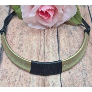 Brushed Gold Tone & Black Faux Leather Structured Collar Choker Necklace 18"